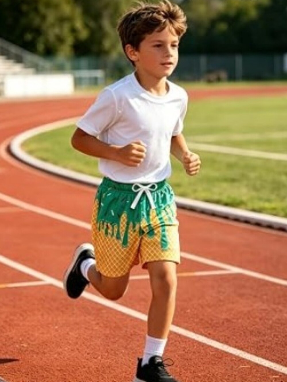 Boys Athletic Shorts Ice Cream Drip Mesh Breathable Green Yellow